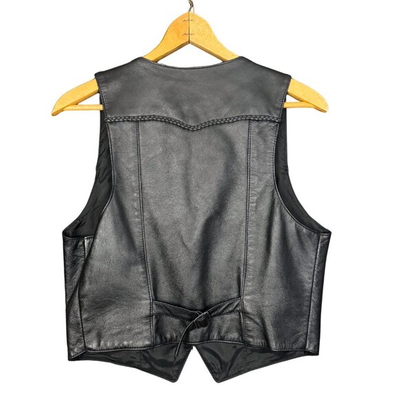 Vintage 90s Black Leather Vest, Braided Trim, Western Aesthetic Biker Moto Style - Picture 5 of 7